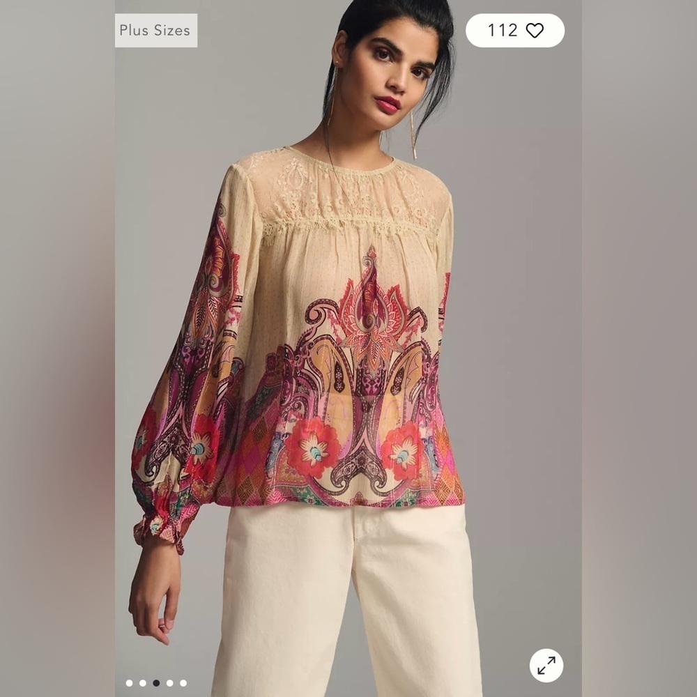 ANTHROPOLOGIE | BL-NK LONDON LACE GEOMETRIC DESIGN SHIRRED BLOUSE SMALL